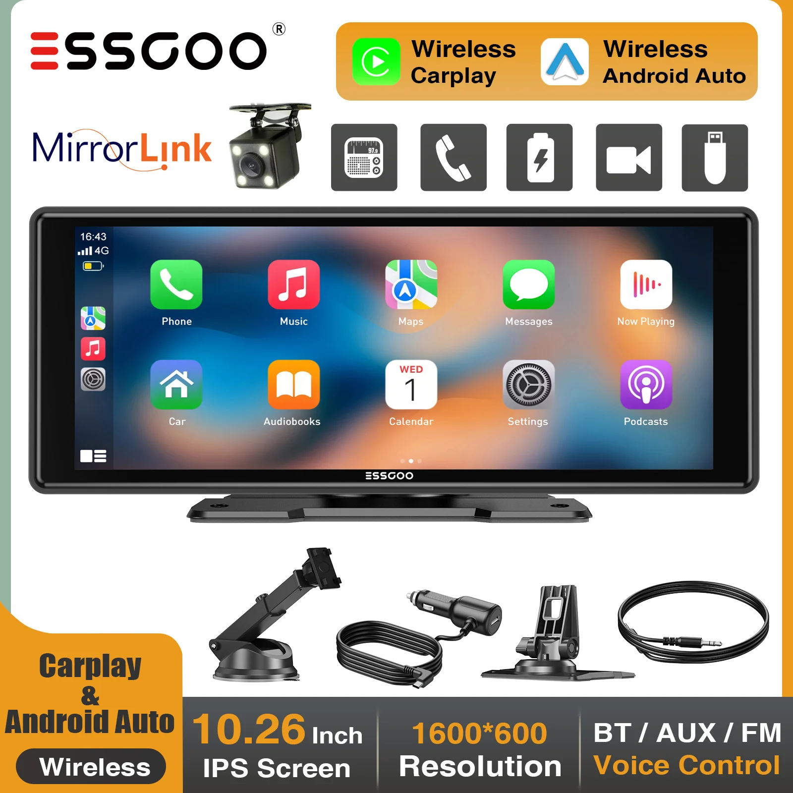 

ESSGOO 10.26" Universal Wireless Carplay Android Auto Car Stereo Touch Screen Mirror Link/AUX/FM Transmitter Radio Voice Control