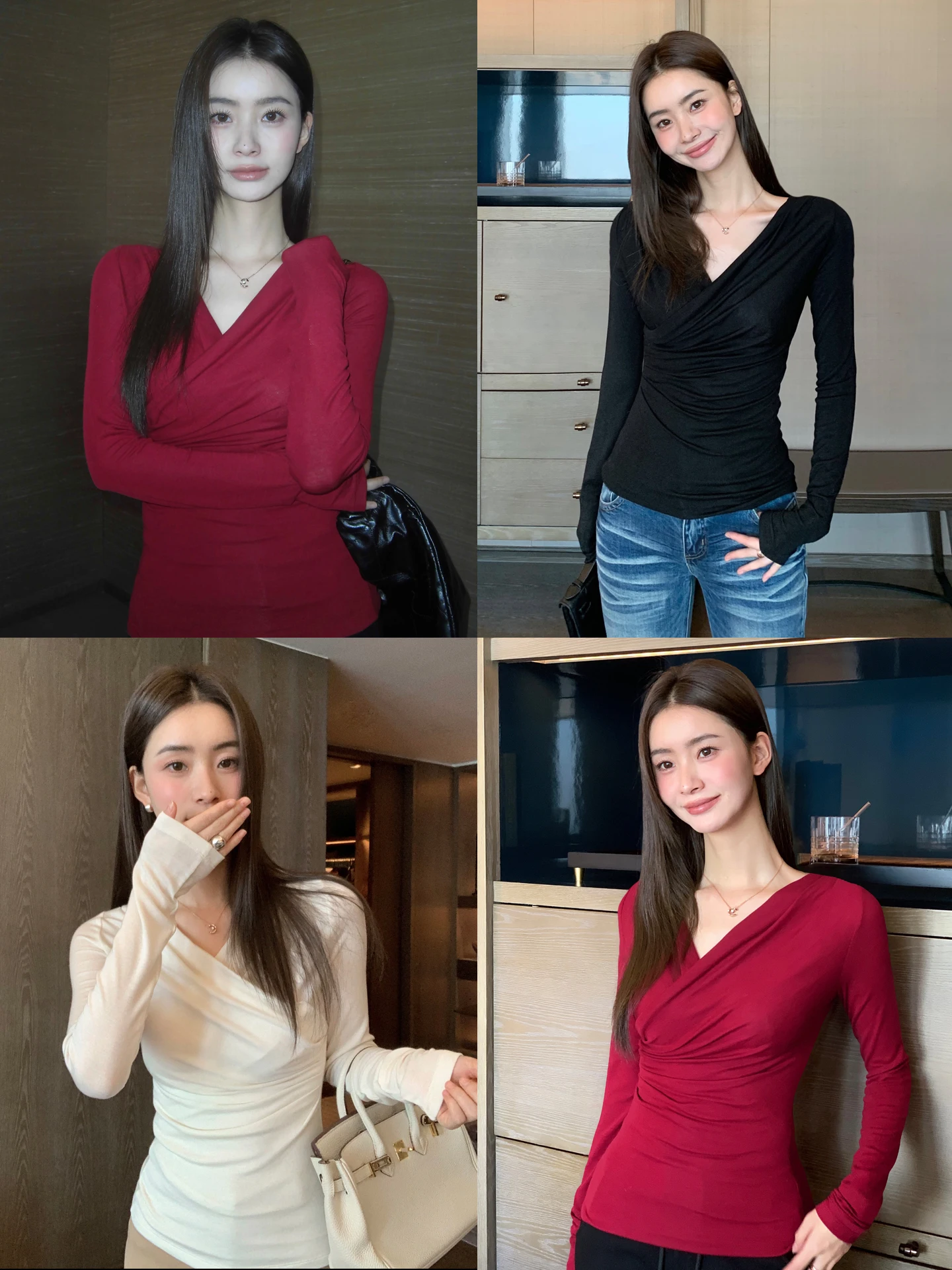 

Slimming V-Ne Waist-Cinching Base irt Women's Autumn Winter T-irt Sexy Sle Fitted Long Sve ort Length Top