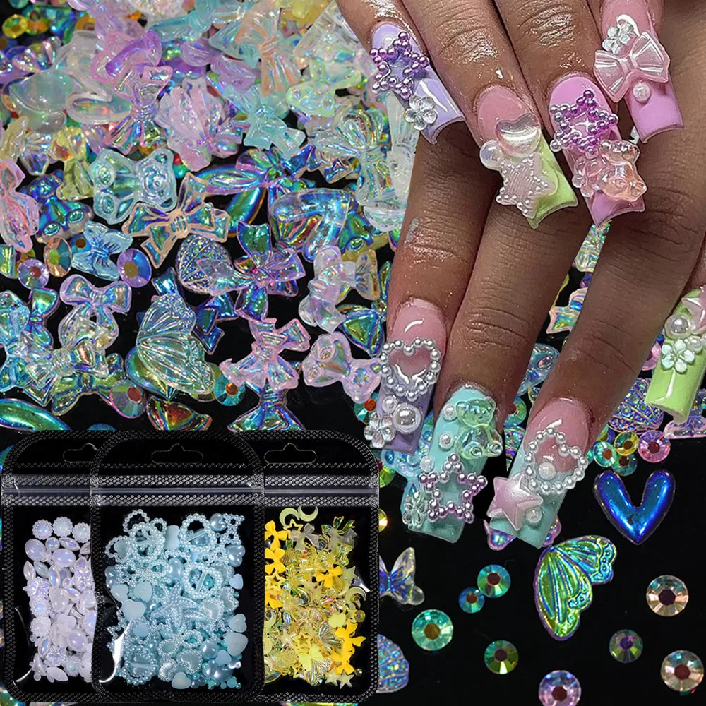 DIY Mix Wstążka Motyl Żywica Paznokcie Cyrkonie Y2k Kryształowa Biżuteria Ocean Pearl Shell 3D Aurora Shells Kobiety Nail Art Manicure