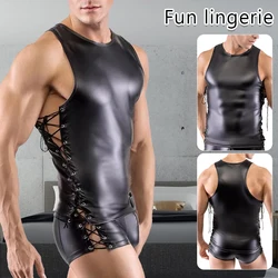 Men Sexy Wet Look Pvc Patent Leather Shiny Boxer Brief Lace Up Side Fetish Shorts Hot Pants Tops Underwear Lingerie Outfit