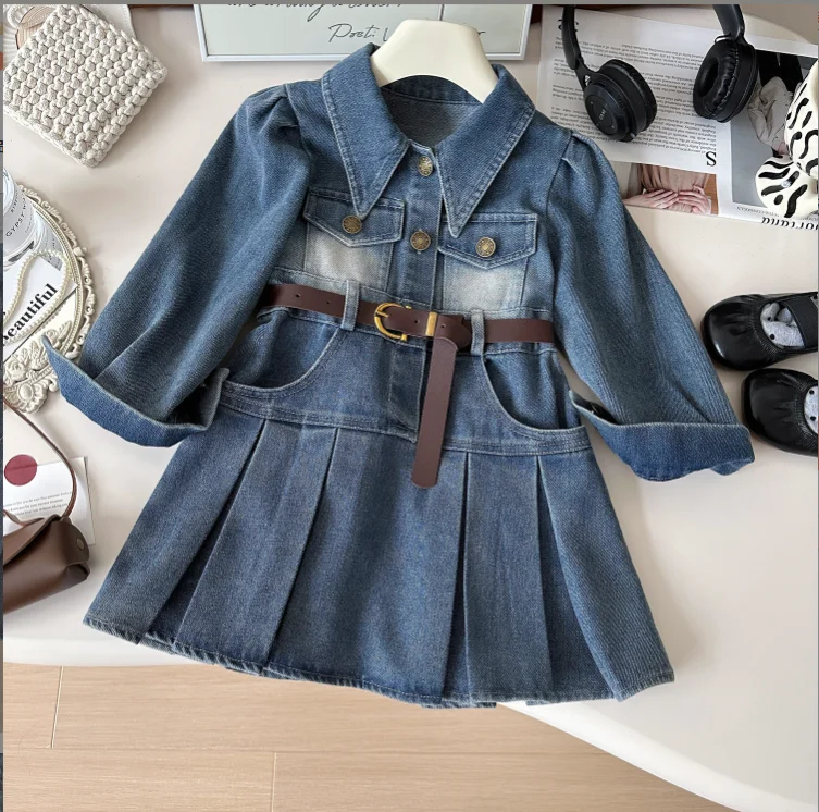 

New Baby Girls Fall Long Sleeve Jean Dress With Sashes , Princess Kids Fashion Dresses 2-7T