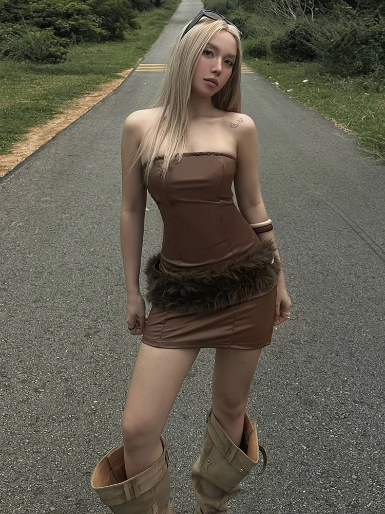 Nibber Sexy Fluffy Waistband+Leather Sleeveless Backless Mini Bodycon Midnight Hottie Music Festival Fashion Skinny Streetwear