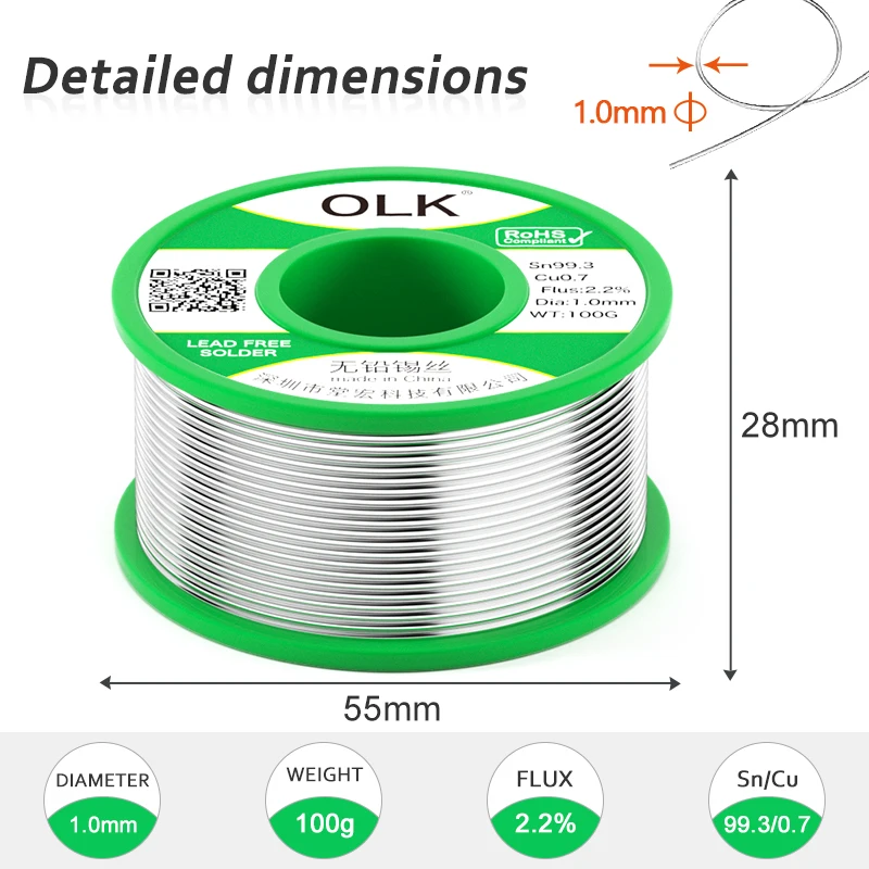 Imagem -06 - Olk-chumbo Fio de Solda Ferro de Solda Reparação de Solda Incluindo Rosin Core Tin Wire Alta Pureza Sn99.3cu0.7 50g 100g