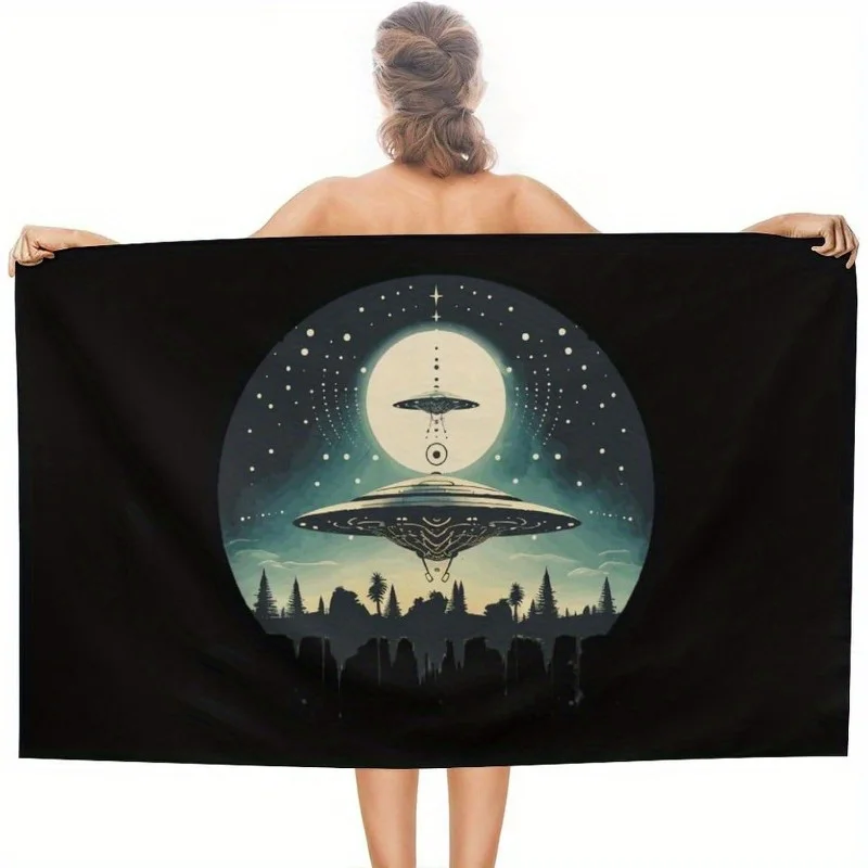 

1 modern alien printed beach towel, 27.5x55 inches, ultra soft polyester knit fabric, machine washable, lightweight, suitable fo