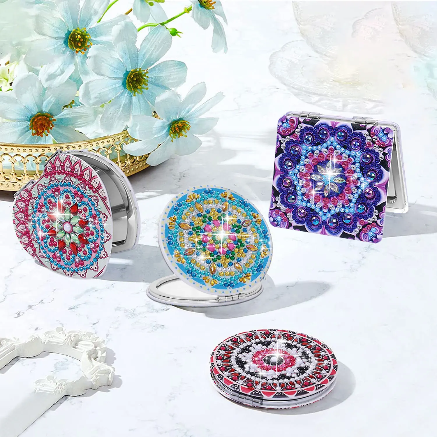 40/20pcs DIY Mandala Mirror Diamond Painting Art Compact Makeup Mirror for Women Portable Folding Paint Craft Cosmetic Mirror