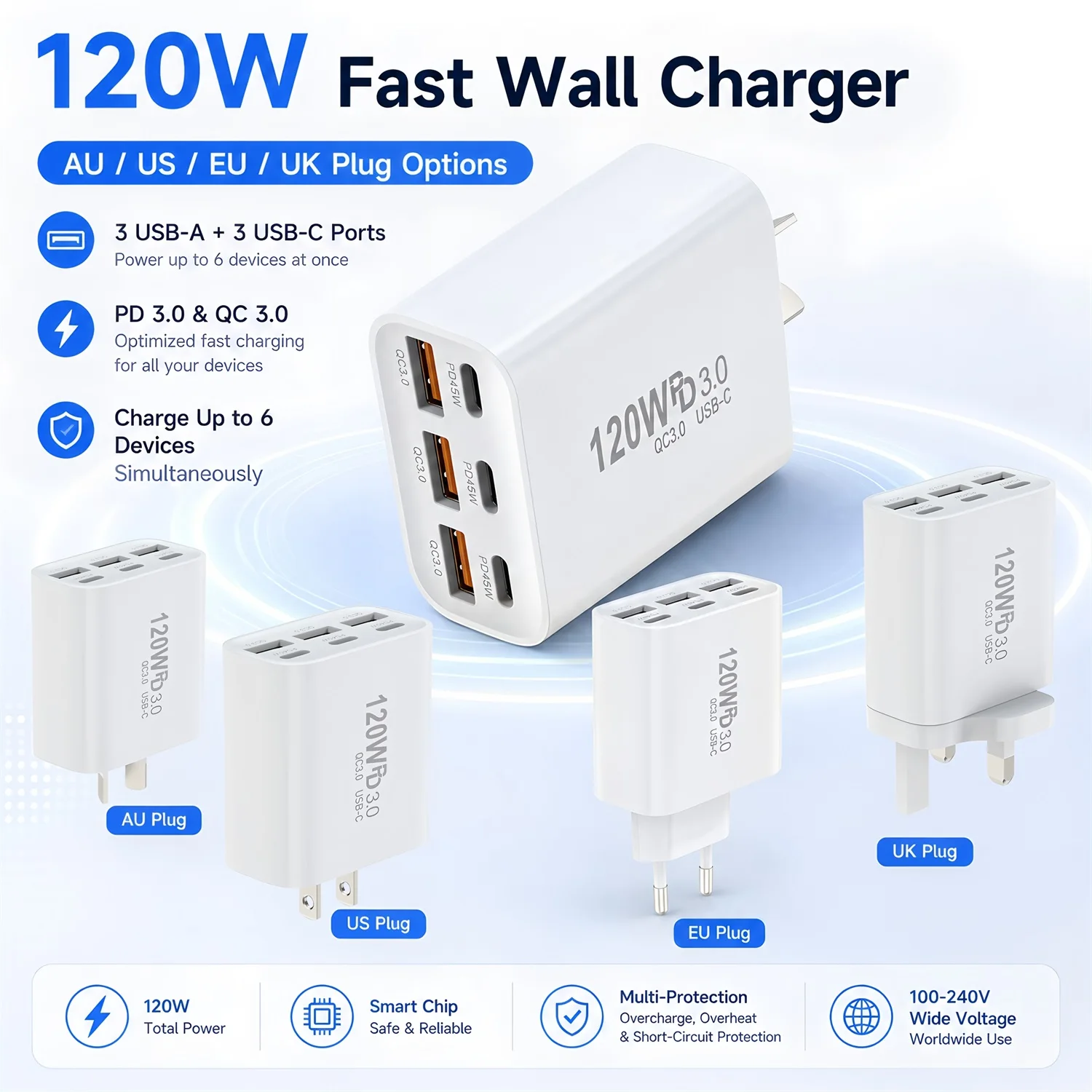 6 Port 120W USB C Fast Charger Station PD QC3.0 Wall Adapter Data Cable For iPhone Samsung Xiaomi Redmi EU US AU UK Plug Travel