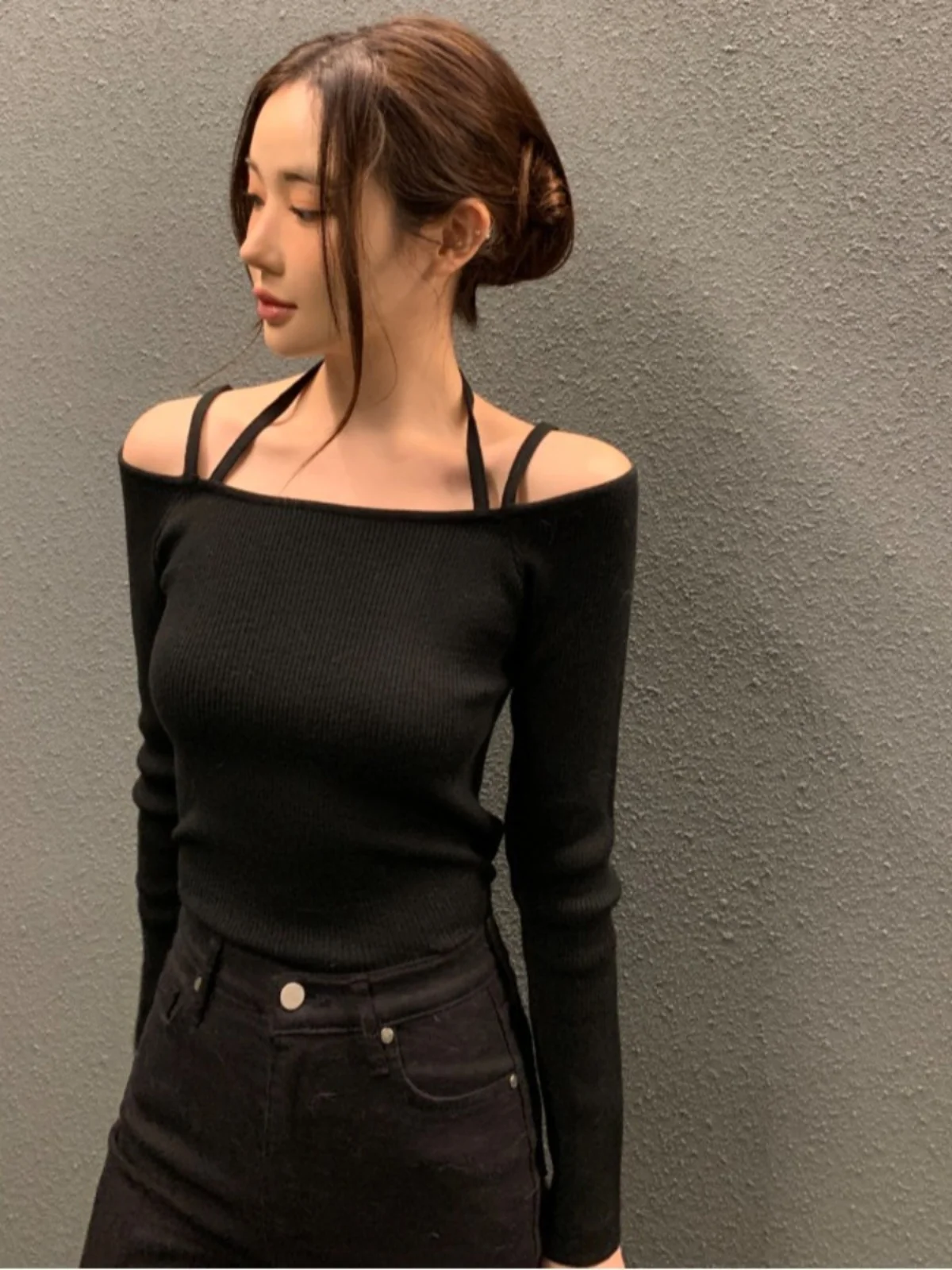 Sexy Strap One Shoulder Long Sleeve Knitted Sweater Women's Slim Fit Pure Desire Base Top Trendy Korean Style Commute Wind