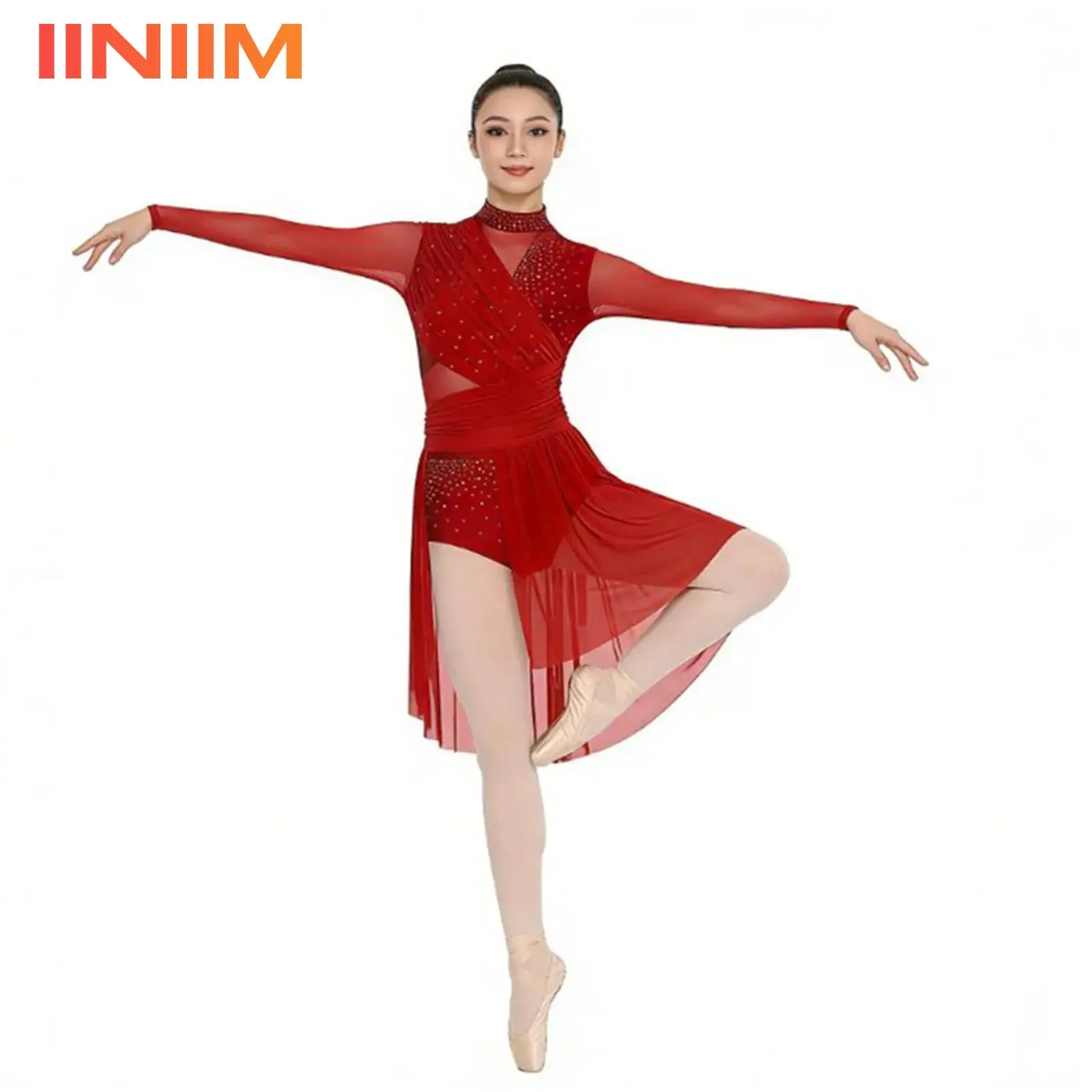 

Женское блестящее балетное платье с стразами для лирического танца, с длинными рукавами, драпировкой и открытой спиной, купальник-платье, костюм для современного танца