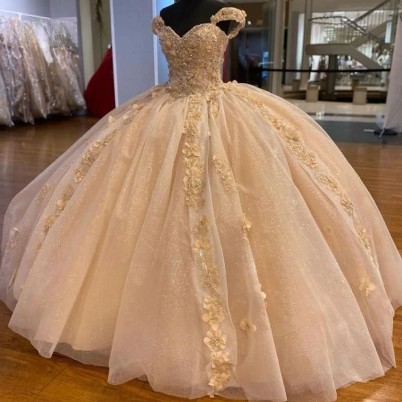 Champagne Gold Quinceanera Dress 2023 Off Shoulder Sweet 15 16 Years Old Birthday Party Gown Princess Long Puffy Skirt Formal