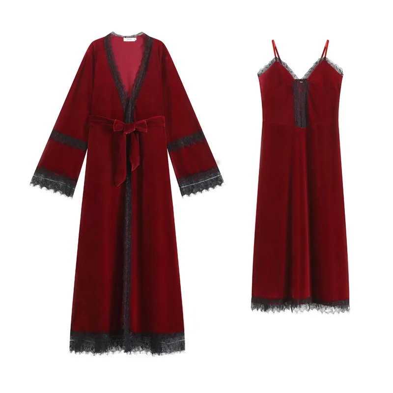 Autumn Winter Velour Robe Sets Women Two Pieces Sexy Lace V Neck Long Night Dress Velvet Sleepwear Vintage Nightgowns Nightwear