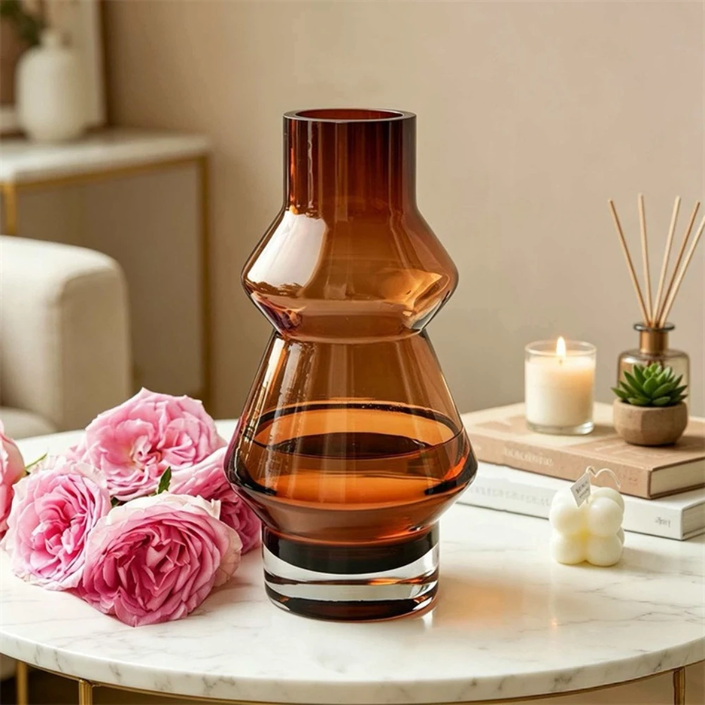 Modern Amber Glass Vase Geometric Gourd Shape Decorative Vase for Living Room Bedroom Dining Table Centerpiece Home Decor
