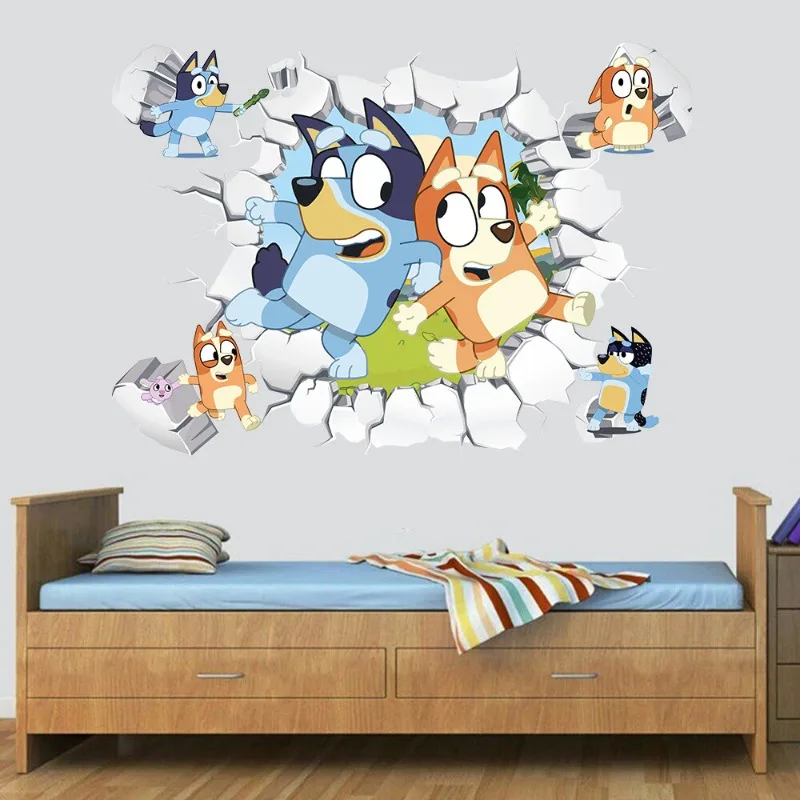 New Bluey Cartoon Anime Children\'s Wall Sticker Self-adhesive Broken Wall Sticker PVC Poster Bedroom Room 3D Wall Decoration