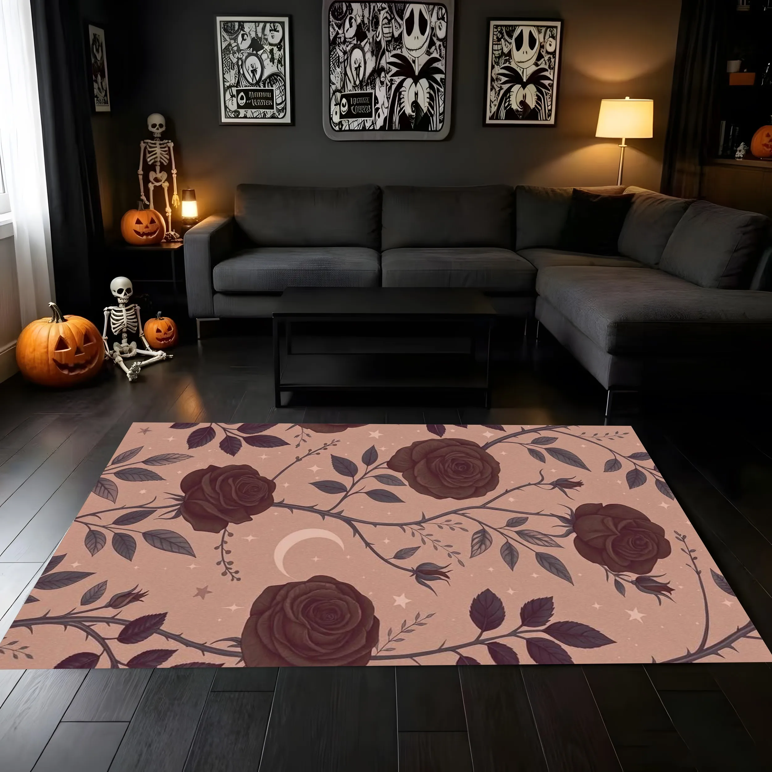 2D Carpet with Pumpkin Ghost Bat and Skull Prints—Cute, Quirky, and Eye-Catching on a Soft Pink Background—Perfect for a