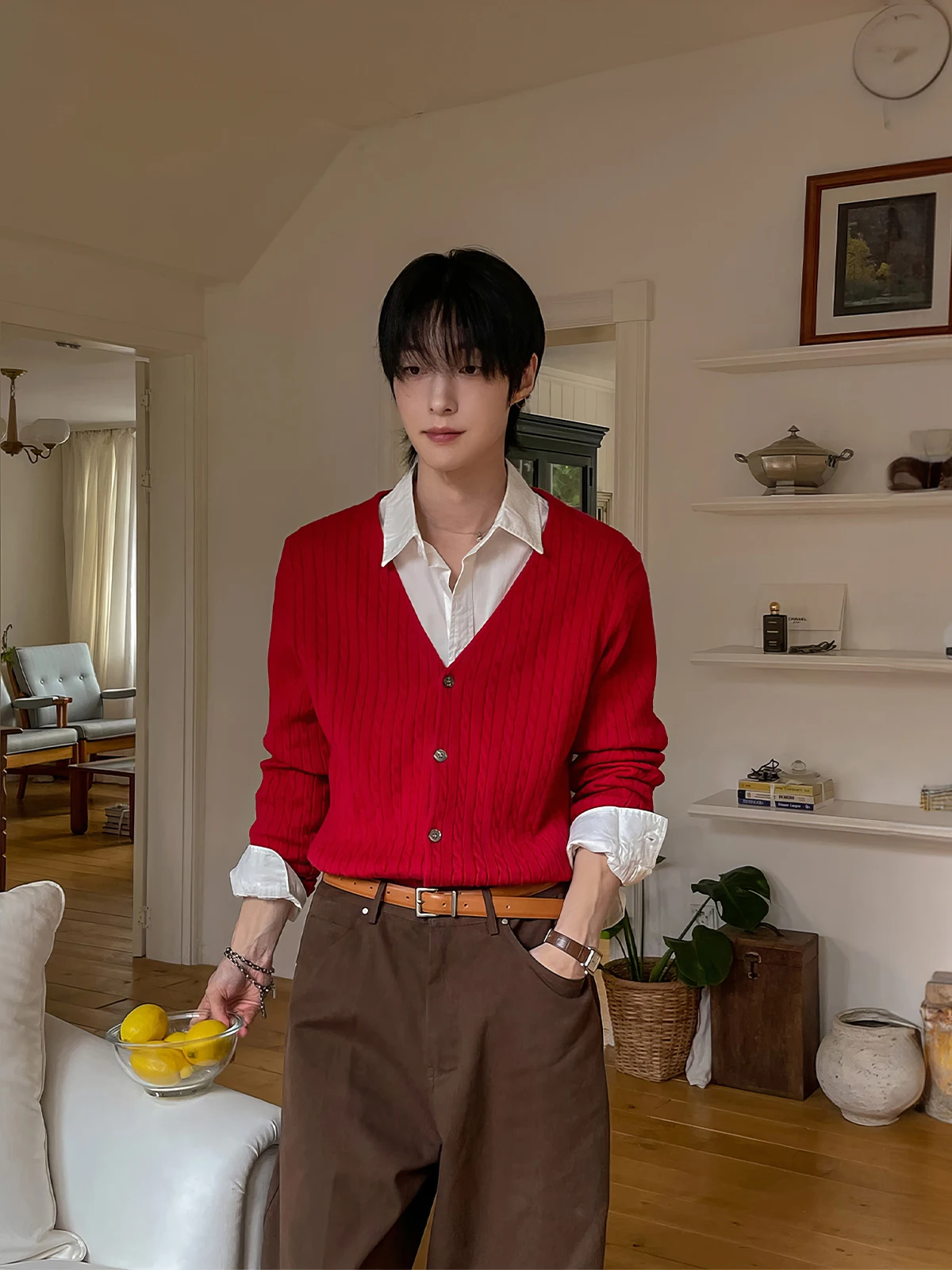 

Красный вязаный кардиган с V-образным вырезом, мужская теплая верхняя одежда свободного кроя с длинными рукавами для празднования Нового года и года китайского зодиака