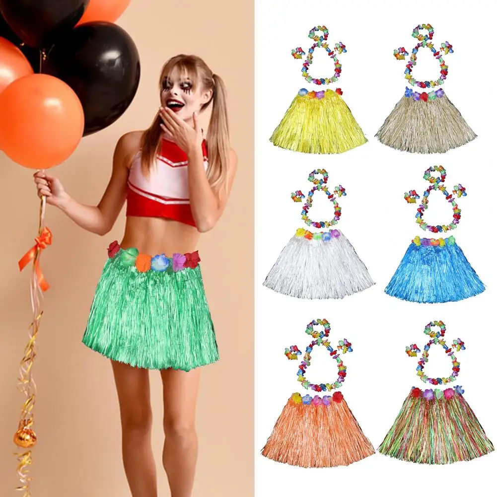 Hawaiian Luau Accessories Set Hawaiian Grass Hula Skirt Set Girl Necklace Garland Bracelet Costume for Halloween Dance for Kids