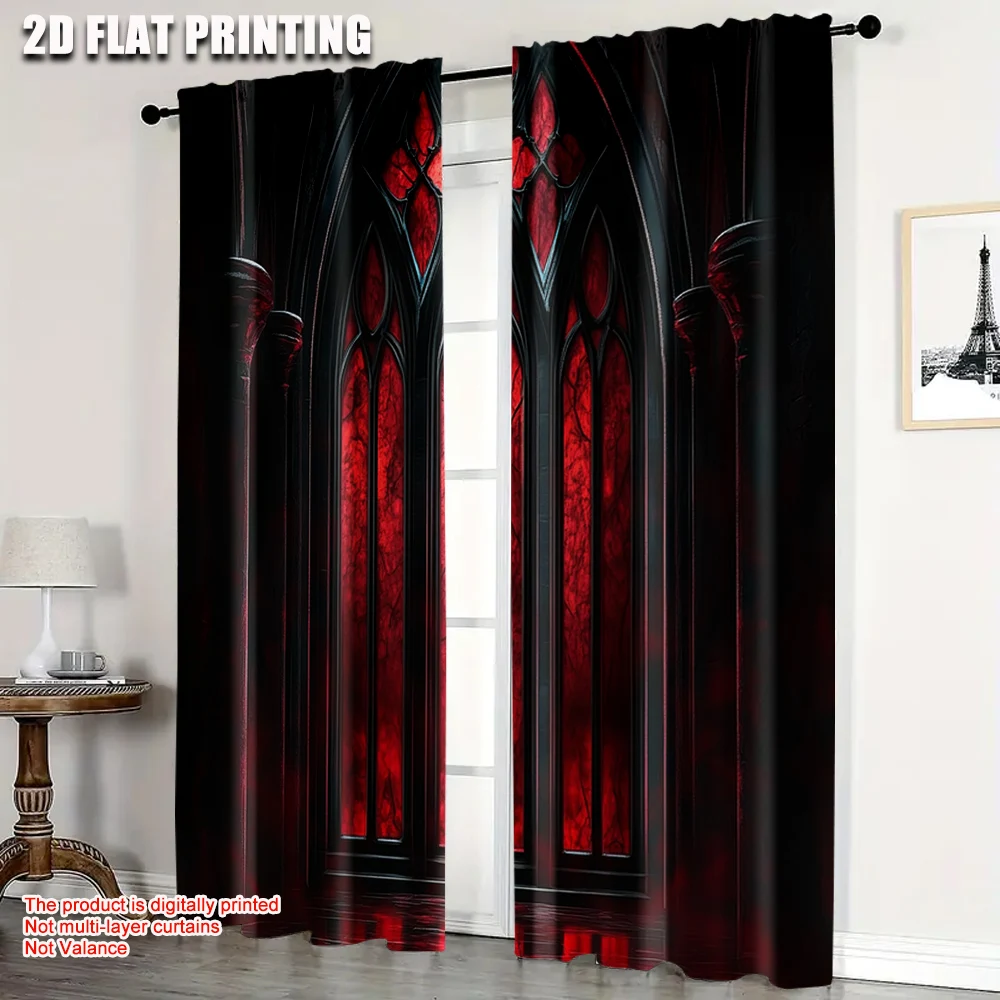 

2pcs, Popular Curtain Panels 2D print Gothic Archway Black and Red Durable Polyester (without rod) Stuff Clearance for Living