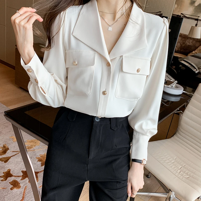 Long Sleeve Blouse Women Blusas Mujer De Moda 2024 V-Neck Office Chiffon White Blouse Shirt Women Tops Blouses Women Shirts E588