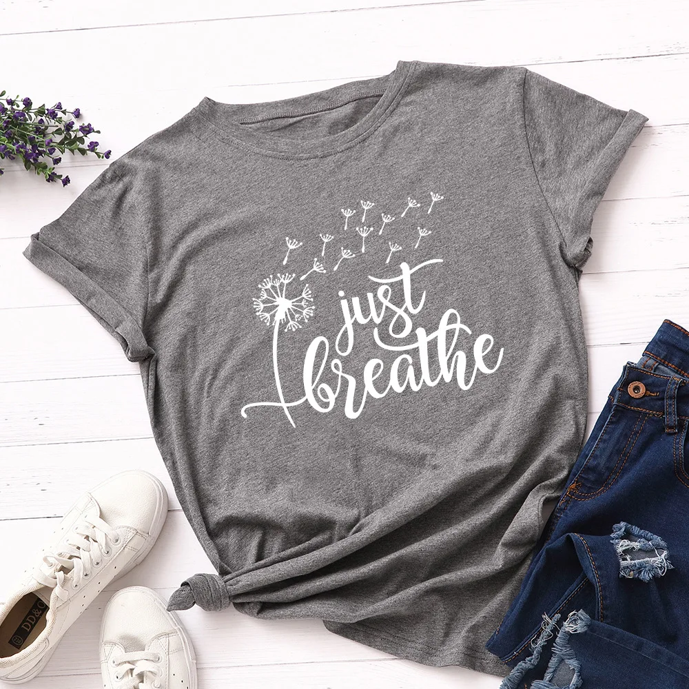 JFUNCY 100% Cotton Summer Tshirt Just Breathe Dandelion Print Women\'s T-Shirt Short Sleeve Female Tee Tops Women T Shirt