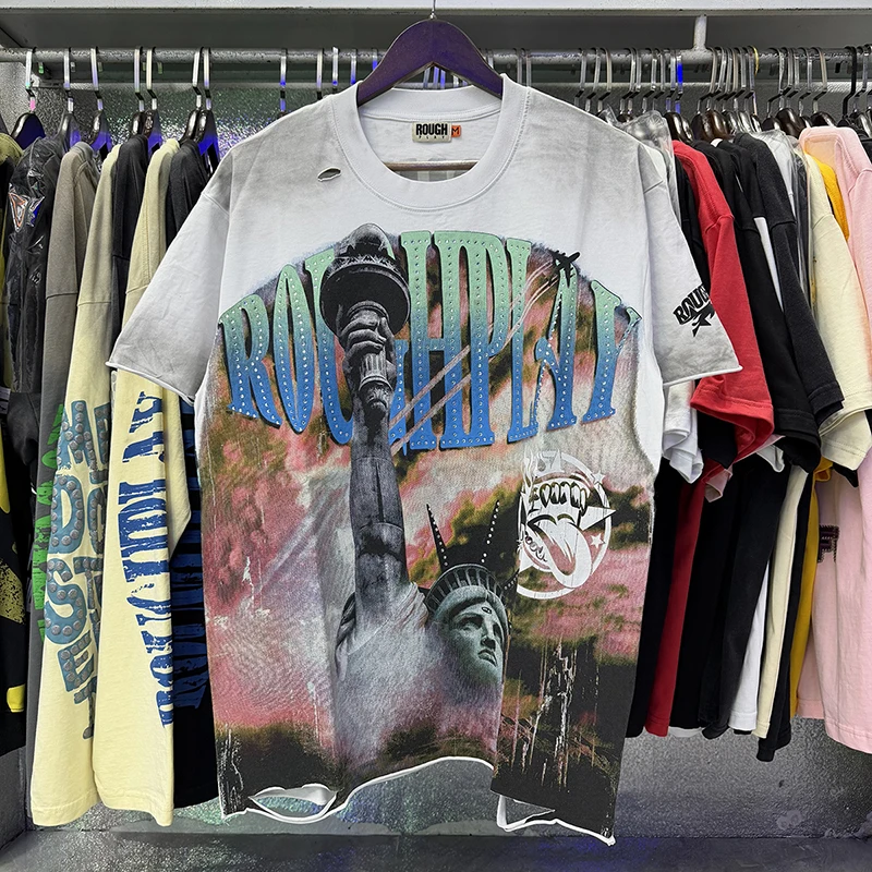 2026 New Rough Play Men's T-Shirt Retro Gradient Crewneck Liberty Statue Print Ripped Edge Vintage Street Top