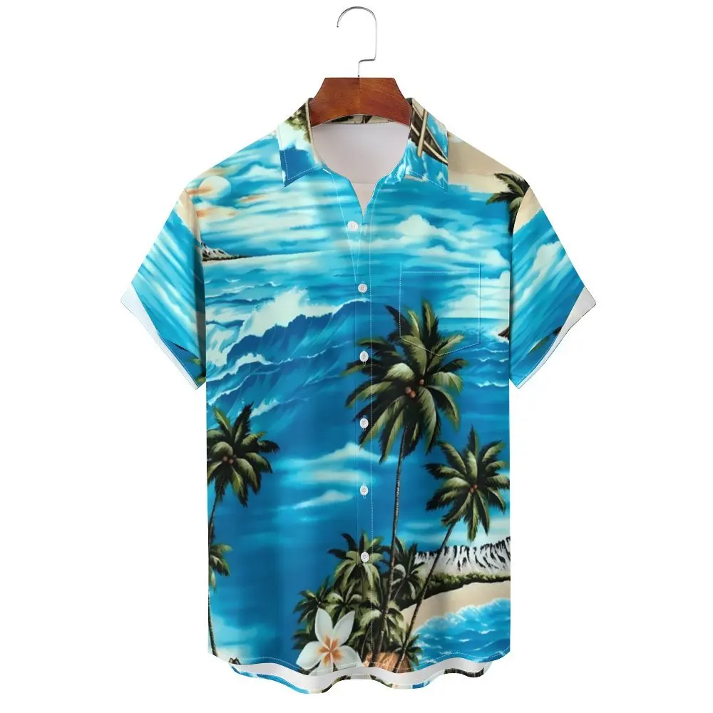 Summer Fashion Mens Hawaiian Shirts Short Sleeve Button Coconut Tree Printed Casual Beach Aloha Shirt Plus Size 4XL Hombre Ropa