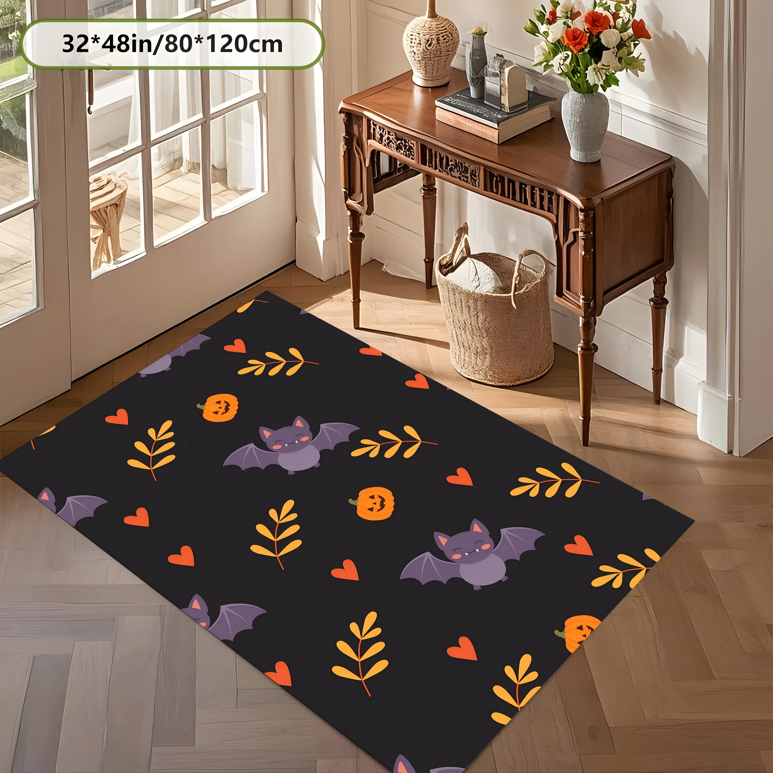 Large Area Rug Halloween Cartoon Bat Pumpkin Heart Print Soft Velvet Living Room Bedroom Home Decor Area Rug