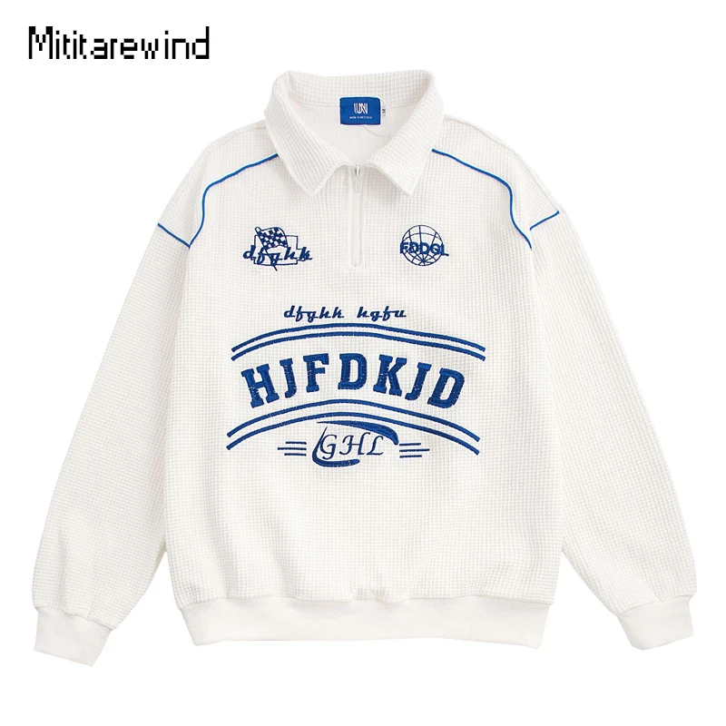 

Hip Hop Streetwear Pullover Hoodies Men Letters Embroidery Polo Collar Oversized Zip Up Hoodie Spring Autumn Clothes Vintage Y2k