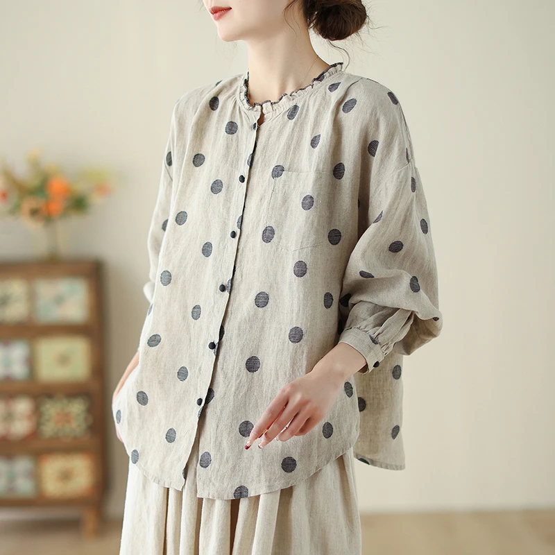 Kemeja Linen katun polkadot Vintage musim panas musim semi blus Retro longgar kasual lengan panjang wanita atasan