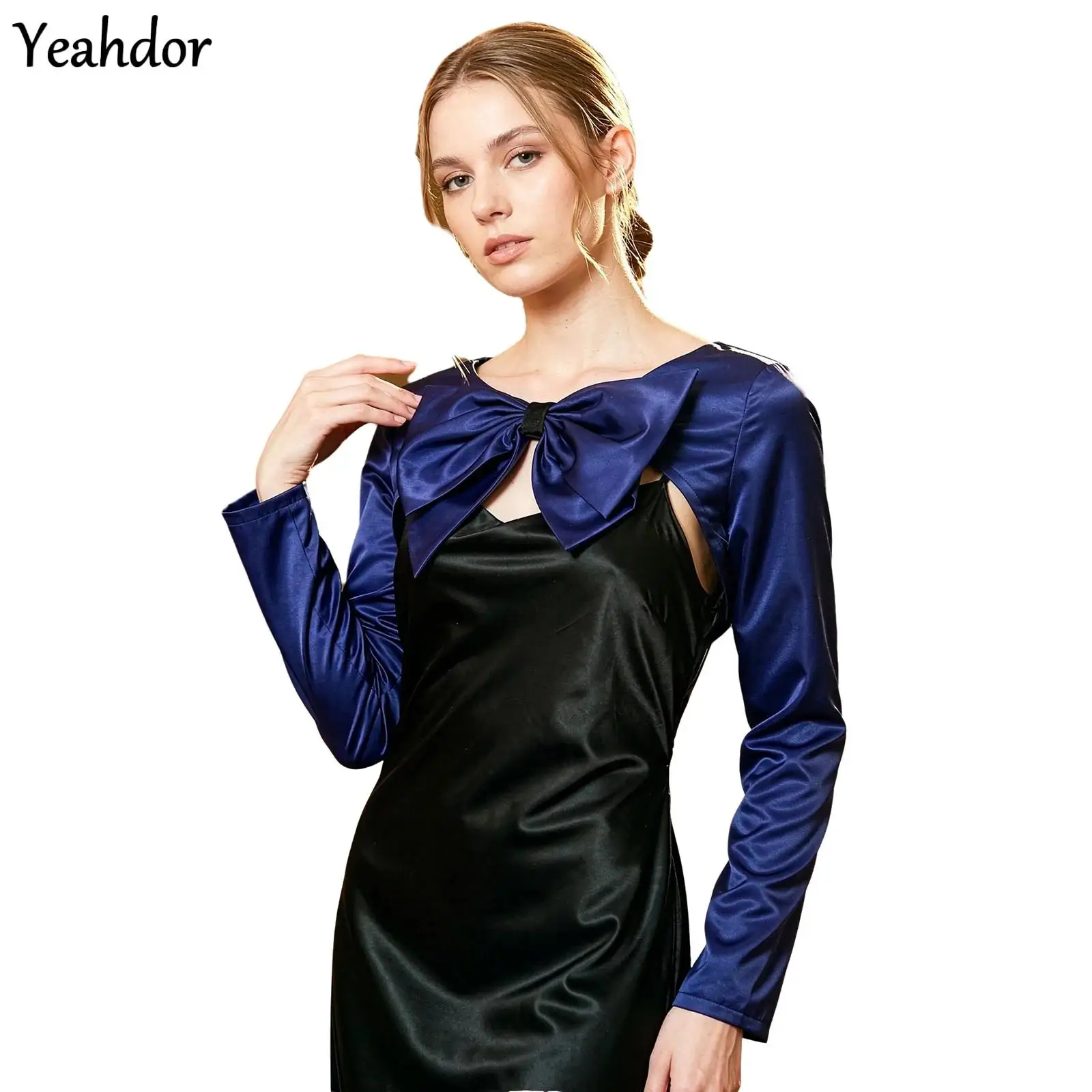 Women Cute Big Bow Satiny Crop Top Cardigan Lady Elegant Bolero Shrug Jacket Cape Shawls Wrap for Birthday Party Wedding Banquet