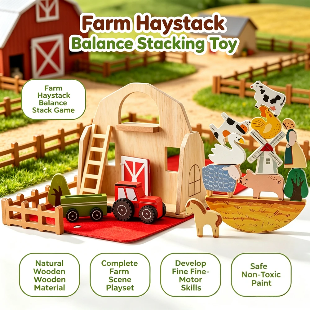 Detachable Assemble Wooden Farm Barn Building Blocks Educational Stacking Toy Early Learning Play Set Birthday Present