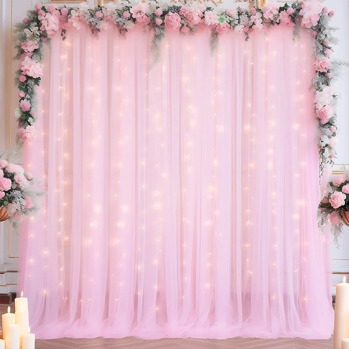 2x1.5m Pink Tulle Background Curtains Off White Curtains with String Lights Wedding Baby Shower Birthday Party Photo Shoot Decor