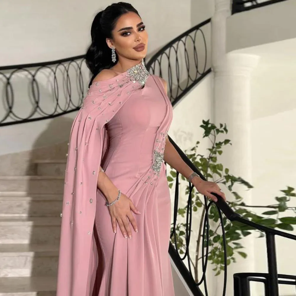 Customized Rhinestone One Shoulder Evening Dresses with Cape Beaded Pleat فساتين سهرات Satin Arabic Dubai Formal Gown