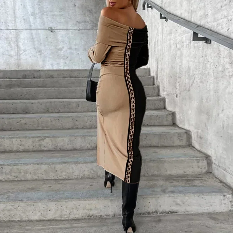 Spring Slash Neck Draped Pullover Dress Women Geometry Print Splicing Split Long Dress Autumn Off Shoulder Backless Hollow Dress