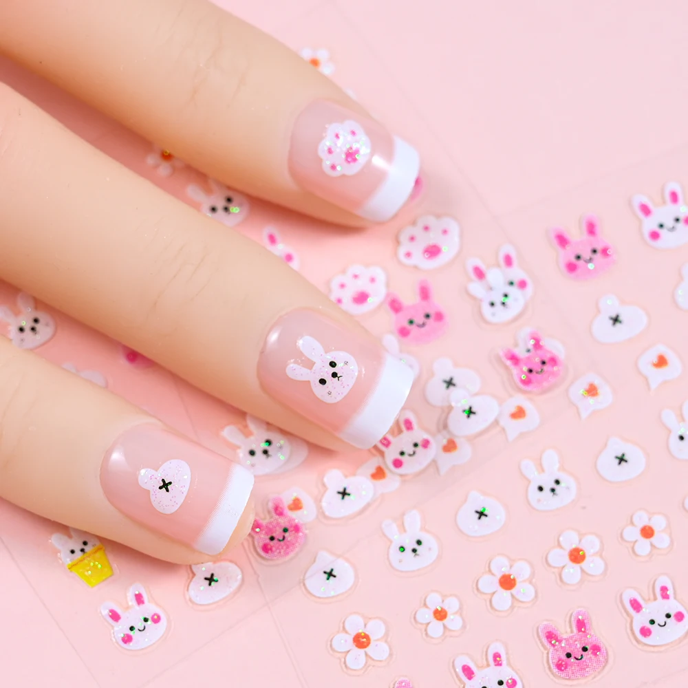 30 Stück Kawaii 3D Glitzer Nagelaufkleber Regenbogen Kaninchen Cartoon Design für Nagelaufkleber Zubehör Schöne NAGEL Aufkleber Drücken Sie auf die Nägel – Detail 8