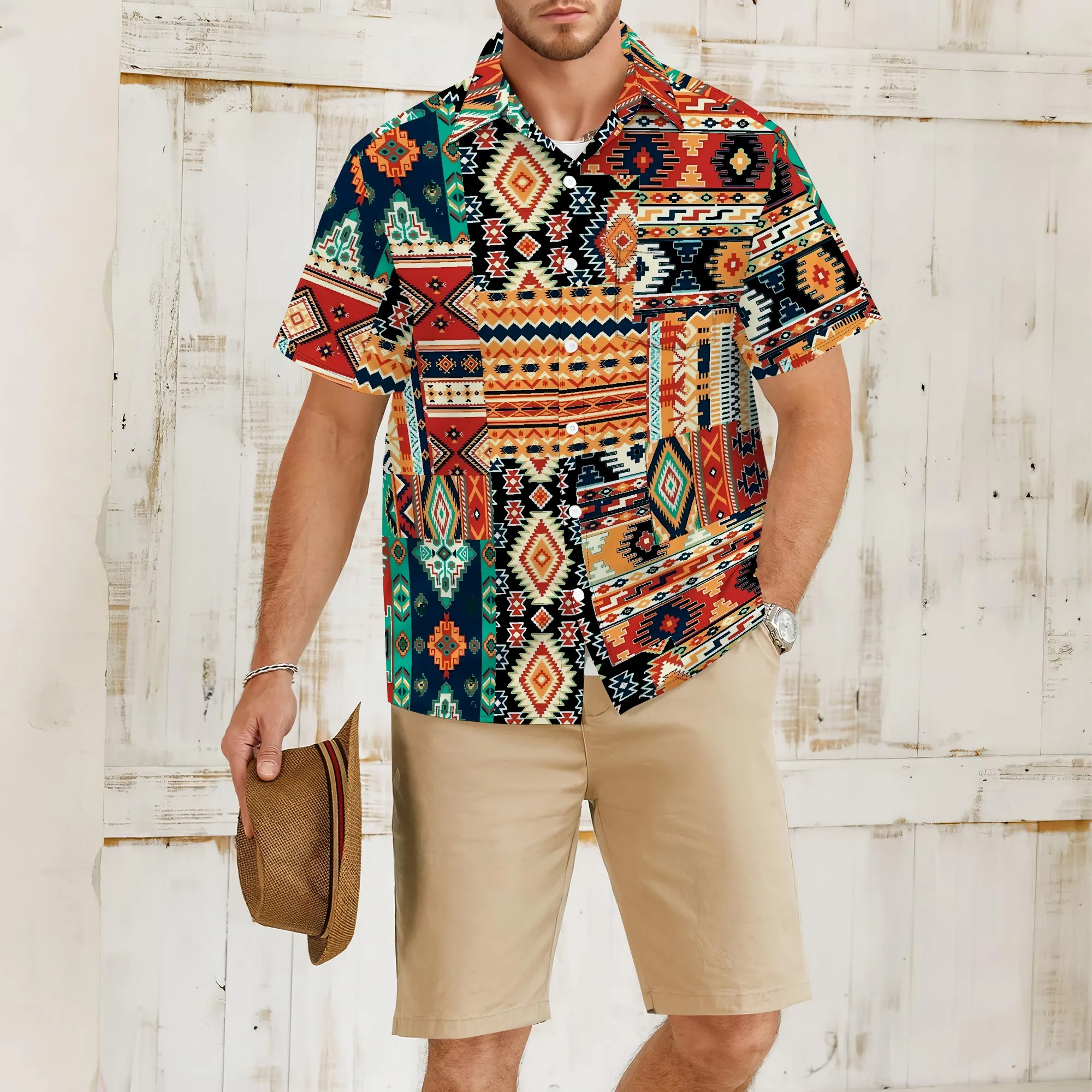

YEAE Ethnic Geometric Patchwork Print Shirt for Men Summer Casual Short Sleeve Top