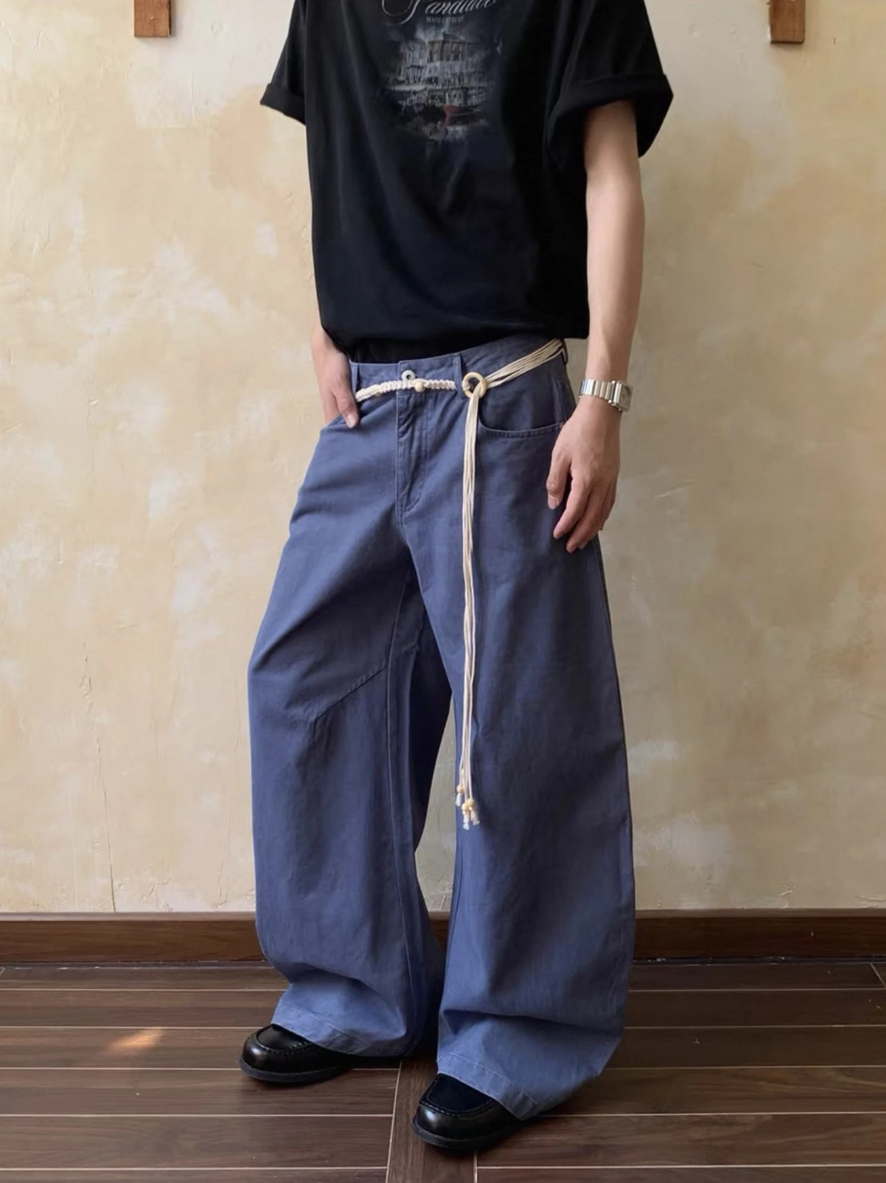 

American Retro Workwear Blue Decorative Belted Loose Fit Men's Casual Pants Straight Leg Trousers for Youth Summer Faion