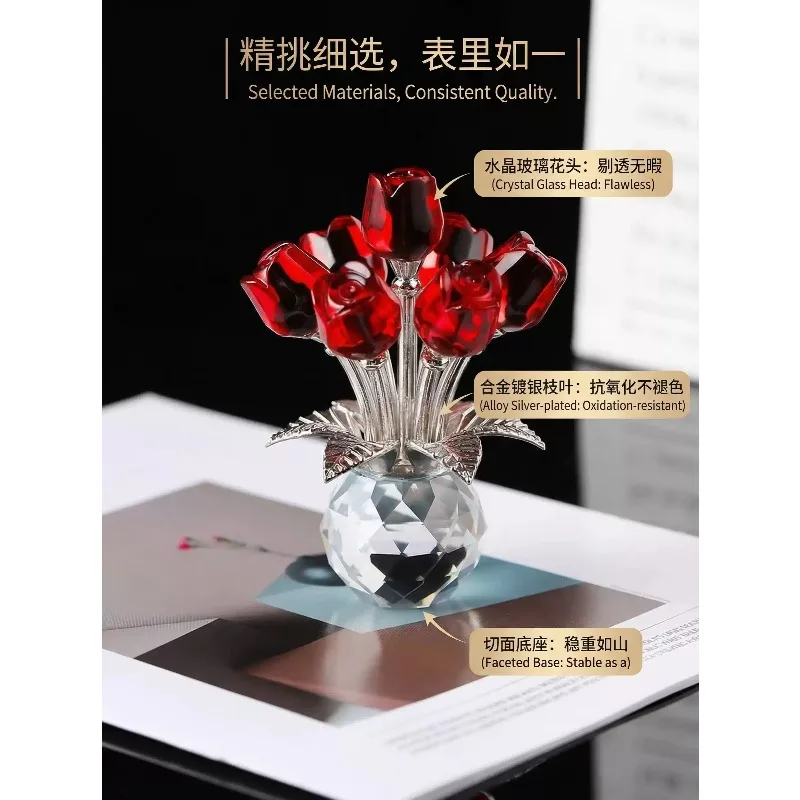 Red Crystal Rose Figurine Ornament Romantic Gift For Birthday Valentine Wedding