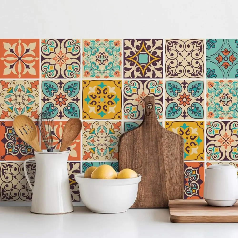 12Pcs Mandala Pattern Backsplash Tile Stickers Multicolor Design PVC Peel and Stick Tile Self-Adhesive Waterproof Tile Decals
