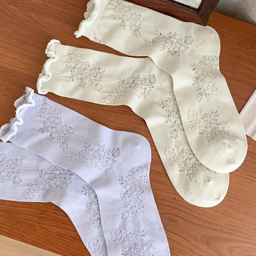 

3Pairs Fashion Ruffle Mesh Flower Socks Ins Style Breathable Mid Tube Socks Female Hosiery Lolita Sweet Socks Women Streetwear