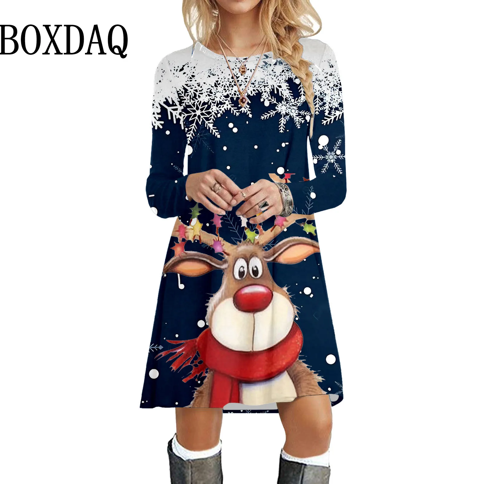 Gaun Wanita Pesta Natal Tahun Baru, Gaun Longgar Wanita Elegan Bergaya Jalanan Lengan Panjang Motif Natal untuk Musim Gugur dan Musim Dingin