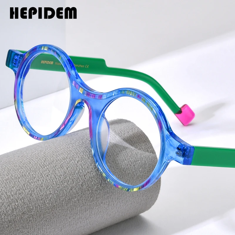 HEPIDEM Acetate Glasses Frame Men Colorful Retro Round Eyeglasses 2024 New Women Spectacles Eyewear H9351