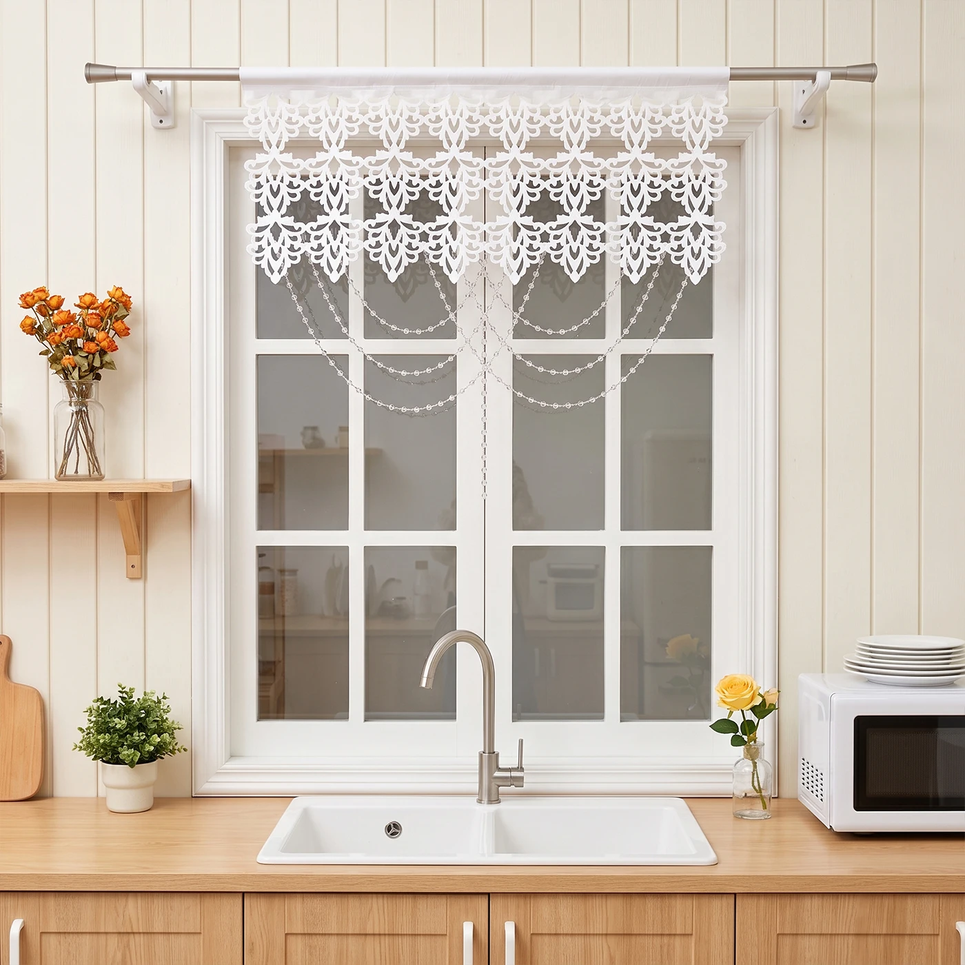 1PC Hollow Cut Lace Valance Curtain With Crystal Beads, Light Filtering Window Drape, For Kitchen Cafe, Sweet Housewarming Gift