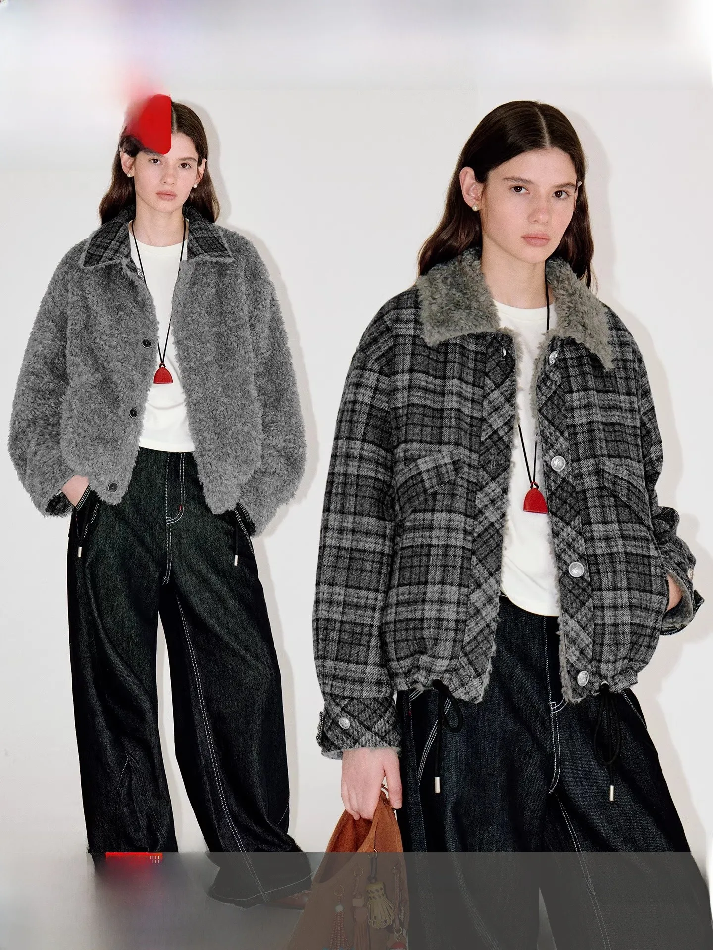 

Fano Double-Sided Wear Loose Dstring Woolen Fur Plaid Coat Women's Winter Casual Sle Long Sve Stand Length Outerwear