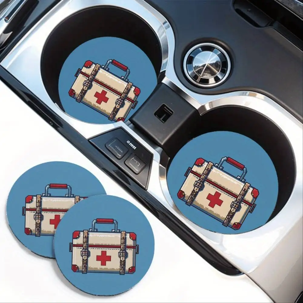 First Aid Kit Absorbent Car Cup Holder Coasters 2pcs Non-Slip Rubber Mats Random Print Position Vehicle Accessories