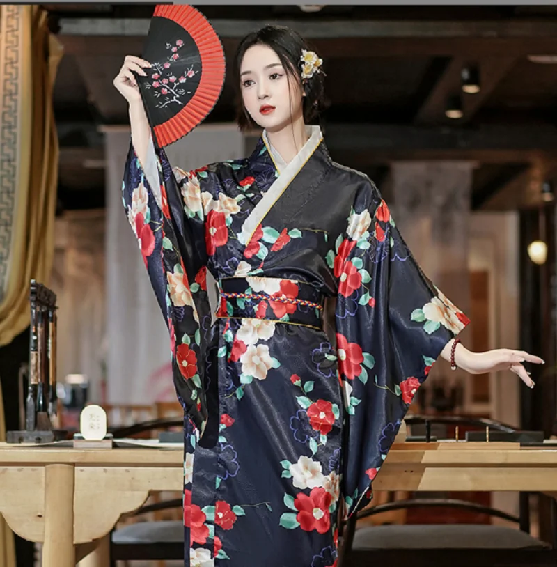 Wholesale Women New Fashion Japanese Kimono Robe High Quality Silk Satin Printing Loose Pajamas Ladies Long Bathrobe Gown