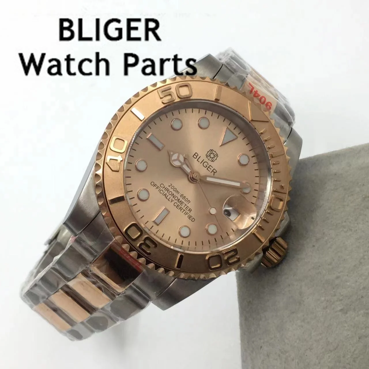 BLIGER 40mm Mechanical Men Watch Sapphire Glass NH35 Movement Rose Gold Dial Steel Bracelet Ceramic Bezel