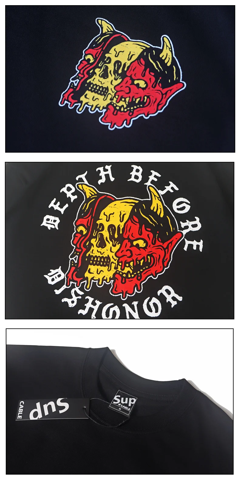Herren-T-Shirt mit Totenkopf-Dämon-Print, lustiges Grafik-Design, Gothic-Schriftzüge, Y2K Streetwear, Baumwolle, Kurzarm, Oversize-Kleidung, Sommer – Detail 5