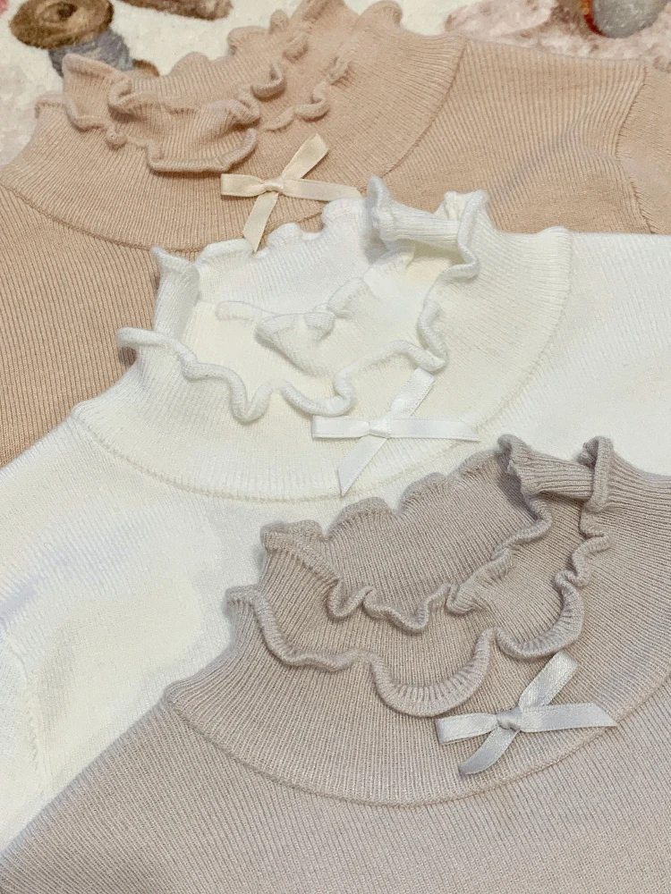 Harajuku اليابانية أنيقة ضئيلة أعلى المرأة القوس نصف الرقبة العالية قاعدة قميص الخريف الشتاء لوليتا الطبقة الداخلية الحلو الزي الموضة #2