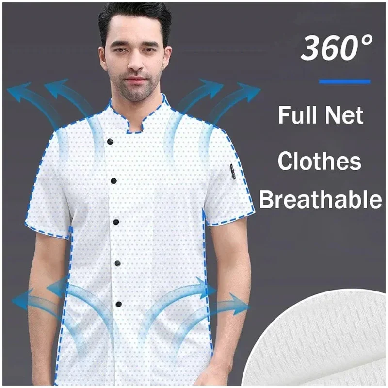 New 360°Breathable Mesh Chef Jacket Men Women Short Sleeve Cooking Shirt Cool Work Tops Food Service Black White Kitchen Outfit