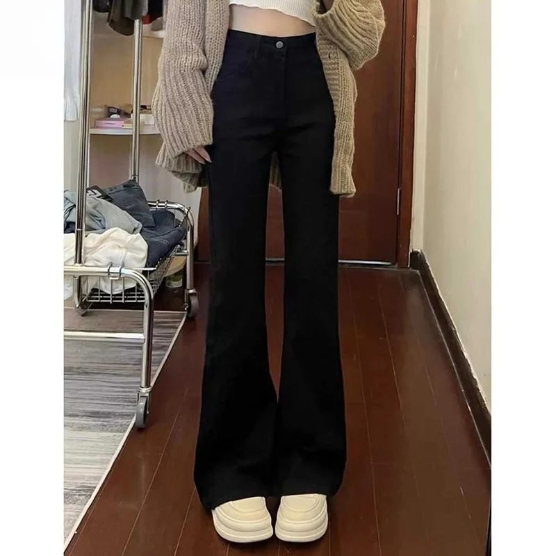 Hot Sale Lady Thin Solid Bell Bottom Jeans Girls Classic Fashion High Waist Denim Pants Women Slim Fit Daily Trousers