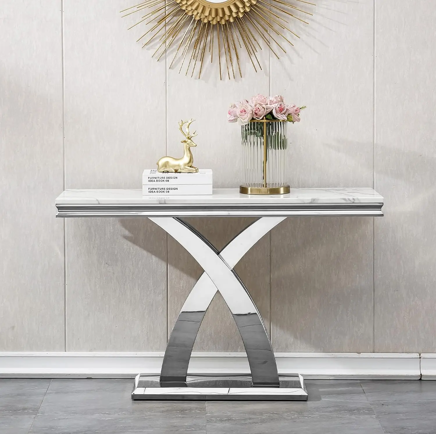 46.85'' Marble Console Table,Modern Luxury Long Narrow Console Entryway Table Hallway Table with Silver X-Shape Stainless Steel